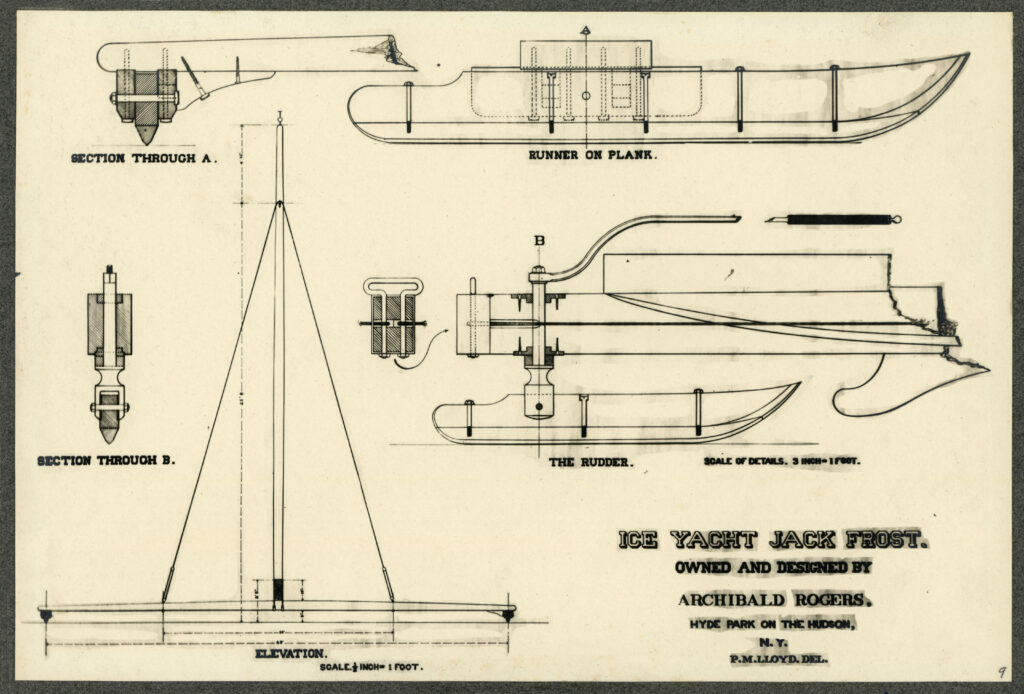 A historical black and white photograph of Franklin D. Roosevelt sitting in his iceboat 'Hawk' on the frozen Hudson River.