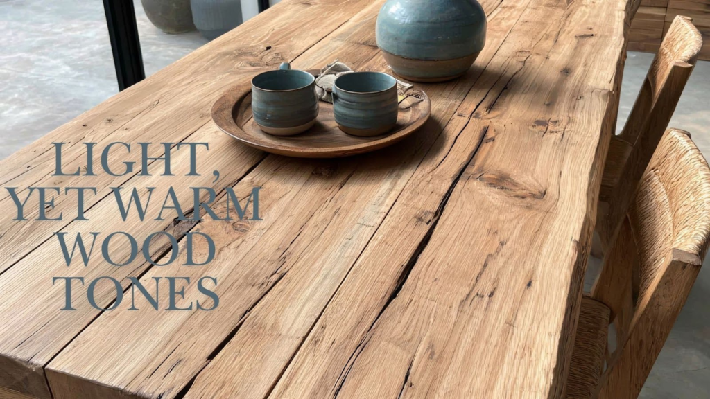 A light wood table with mugs sitting in the middle on a plate