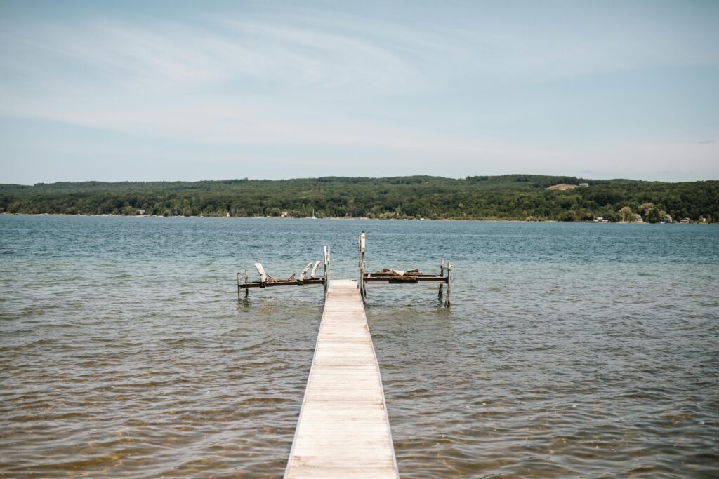 A dock sitting on a lake in Michigan.
