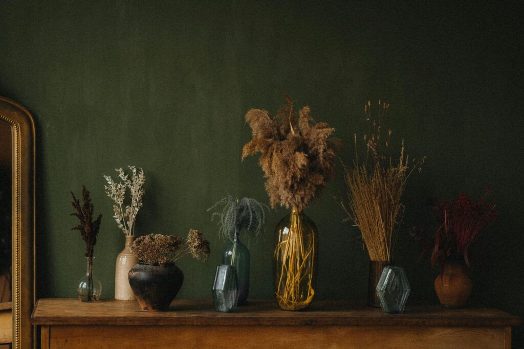 Dried plants set against a moss green wall