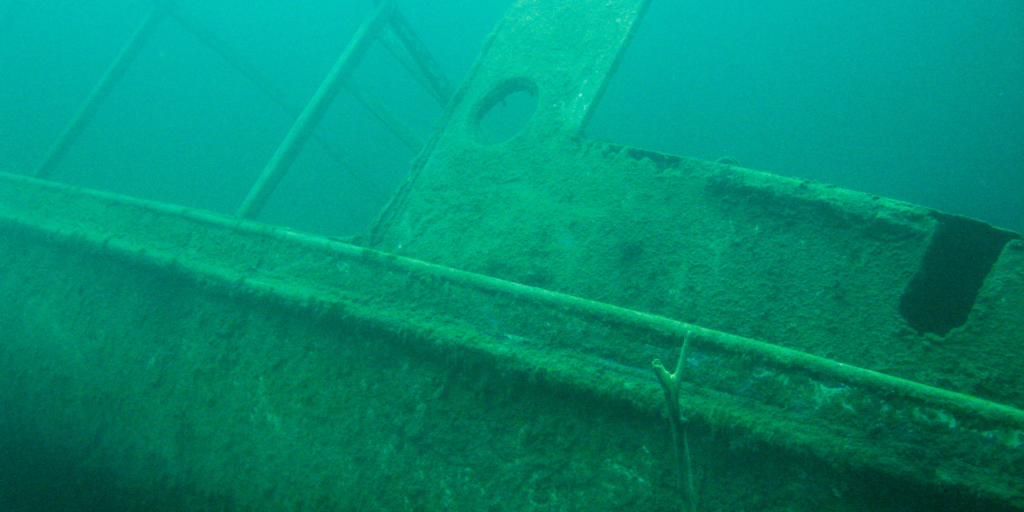 An underwater view of a freshwater ship wrecked in Michigan