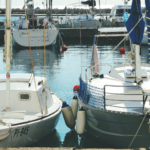 Sailboats in marina in harbor town